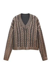 Ruskea ja beige narukudottu villapaita, jossa on V-kaula-aukko sekä ribbikaulus ja -helma, esiteltynä litteänä valkoisella taustalla.