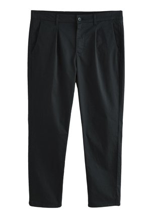 Mustad puuvillased püksid sirge lõikega, millel on kaks küljetaskut, nööpide sulgemine ja sile tekstuur. Tagumiseks detailiks on voldid esiküljel.