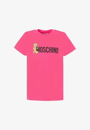 Roze katoenen t-shirt met een berenafbeelding en de tekst "MOSCHINO" in vet zwart. Korte mouwen en een klassieke ronde hals.