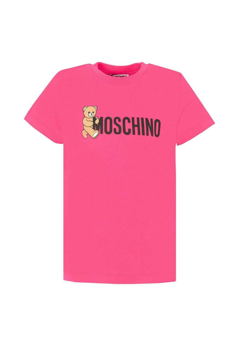 T-shirt en coton rose avec un motif d'ours et le texte "MOSCHINO" en gras noir. Manches courtes et col rond classique.