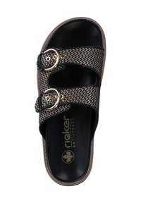 Svart och beige vävd slidesandal med två justerbara spännen, slät svart fotbädd och "rieker antistress"-logotypen tydligt synlig.