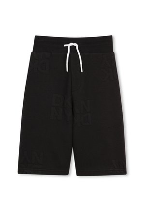 Shorts noirs en maille tricotée longueur genou, avec taille élastique, cordon de serrage blanc, et motifs subtils du logo DKNY texturés sur toute la surface.