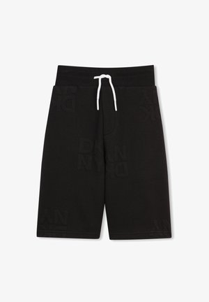 Shorts noirs en maille tricotée longueur genou, avec taille élastique, cordon de serrage blanc, et motifs subtils du logo DKNY texturés sur toute la surface.