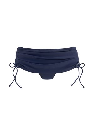 Navy blue bikini bottom with ruched design, adjustable side ties, and a smooth texture. Features a classic cut with moderate coverage.