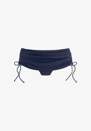 Navy blue bikini bottom with ruched design, adjustable side ties, and a smooth texture. Features a classic cut with moderate coverage.