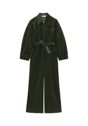 Olive green corduroy jumpsuit with long sleeves, front zipper, a waist tie, a patch pocket, and wide legs. Soft texture and structured design.
