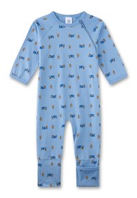 Blauer Baumwoll-Overall mit Muster aus blauen Traktoren und Bäumen. Lange Ärmel mit gerippten Bündchen und rundem Halsausschnitt.