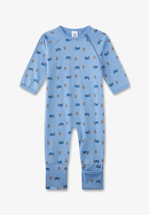 Blue cotton onesie featuring a pattern of blue tractors and trees. Long sleeves with ribbed cuffs and a round neckline.
