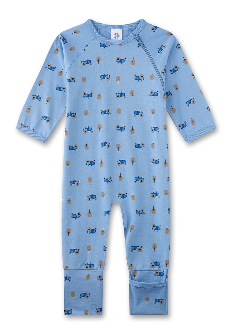 Blauer Baumwoll-Overall mit Muster aus blauen Traktoren und Bäumen. Lange Ärmel mit gerippten Bündchen und rundem Halsausschnitt.