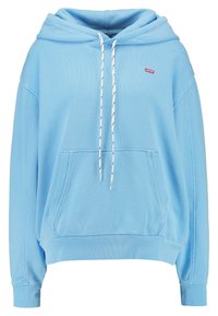 Jasnoniebieska bluza z kapturem, z kieszenią z przodu, regulowanym sznurkiem w kapturze i białymi akcentami. Wykonana z miękkiej tkaniny, z ściągaczami na mankietach i dole.