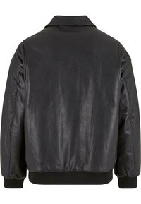 Black leather bomber jacket with a smooth texture, ribbed cuffs and hem, and a classic collar design. Back view, no visible branding.