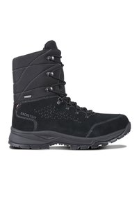 Bottes de randonnée noires avec un upper en daim et textile, embout renforcé, semelle en caoutchouc et fermeture à lacets ; elles présentent un motif géométrique sur le côté.
