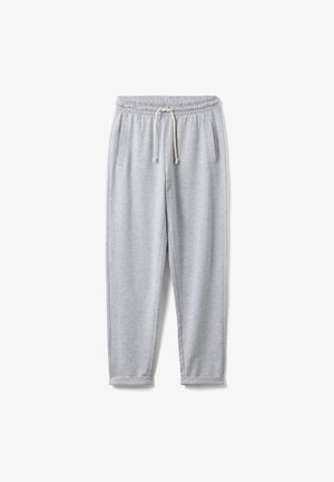 Hellgraue Jogginghose mit elastischem Bund, verstellbarem Kordelzug, Seitentaschen, schmal zulaufenden Beinen und Bündchen am Saum.