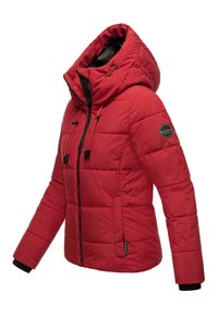 Red puffer jacket with a hood, quilted design, zipper closure, and black accents. Features adjustable drawstrings and side pockets.