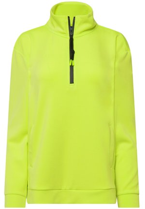Pullover a metà zip giallo fluo realizzato in tessuto morbido con colletto alto, dotato di una zip nera e due tasche laterali.