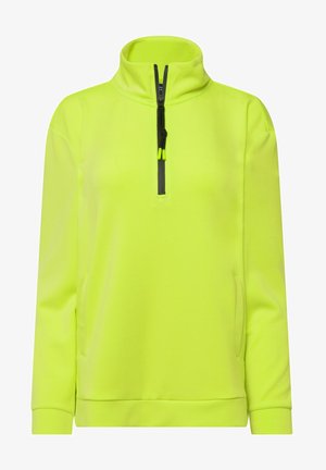 Pullover a metà zip giallo fluo realizzato in tessuto morbido con colletto alto, dotato di una zip nera e due tasche laterali.