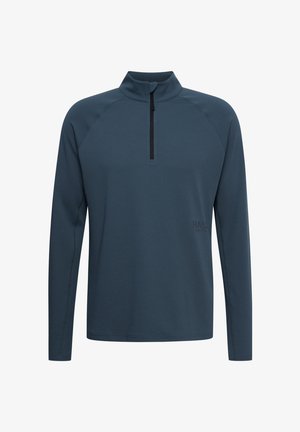 Dunkelblaues, strukturiertes Langarmshirt mit Halb-Reißverschluss-Kragen und Raglanärmeln. Verfügt über dezente Markenkennzeichnung auf der Vorderseite.