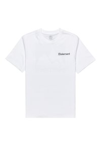 Witte katoenen t-shirt met een ronde hals, korte mouwen en een klein grijs "element" logo op de borst. Glad textuur, eenvoudig ontwerp.