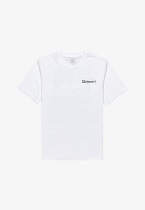 Weißes Baumwoll-T-Shirt mit Rundhalsausschnitt, kurzen Ärmeln und einem kleinen grauen "Element"-Logo auf der Brust. Glatte Textur, einfaches Design.
