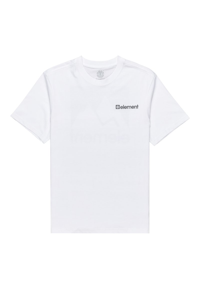 Witte katoenen t-shirt met een ronde hals, korte mouwen en een klein grijs "element" logo op de borst. Glad textuur, eenvoudig ontwerp.