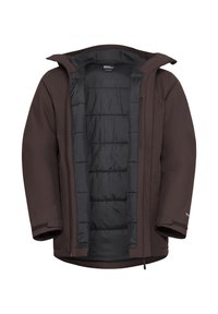 Veste isolée marron avec un intérieur matelassé noir, fermeture éclair à l'avant, capuche ajustable et poignets en Velcro. Tissu extérieur lisse avec un design moderne.