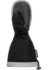 Schwarze und graue isolierte Handfläche mit einem strukturierten Obermaterial, einem elastischen Handgelenk und einer verstellbaren Kordel am Bündchen für einen sicheren Sitz.