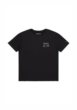 Zwarte T-shirt met korte mouwen van katoen, met een kleine voorprint van golven, een vredessymbool en aanvullende ontwerpen op de borst.