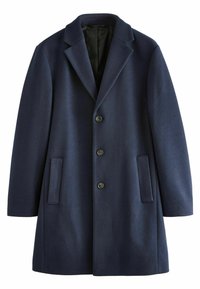 Abrigo de mezcla de lana azul marino con cuello de muesca, cinco botones y dos bolsillos laterales. Textura suave y silueta ajustada.