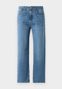 Blue straight-leg jeans with front pockets, belt loops, and button closure against a plain white background.