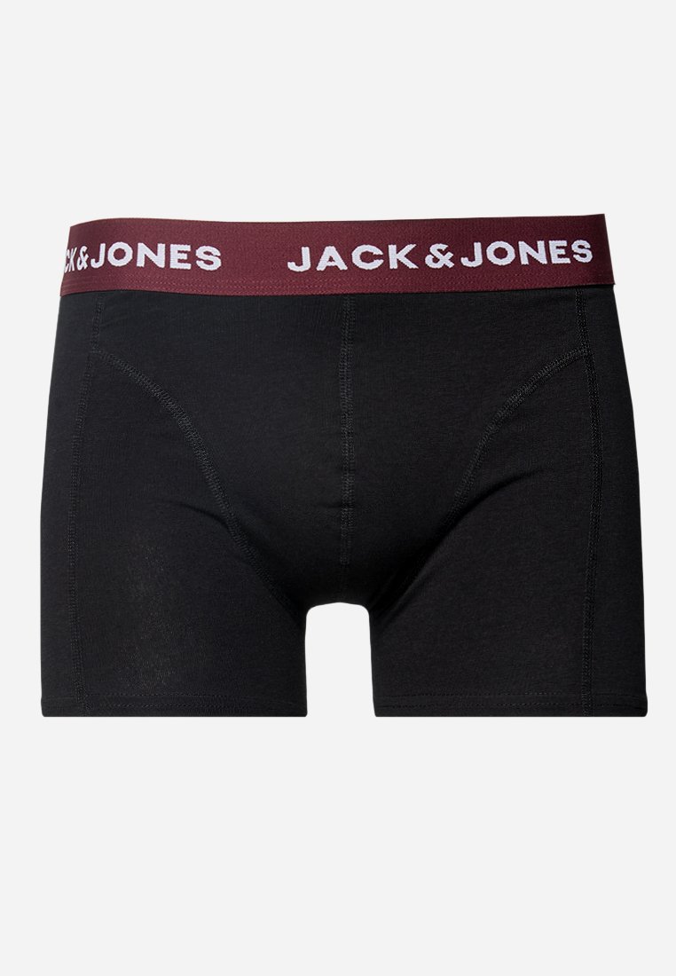 Schwarze Boxer-Briefs für Männer mit bordeauxrotem elastischem Bund, der mit weißem "JACK & JONES"-Branding versehen ist, vorderer Nahtdetails und körpernahem Schnitt.