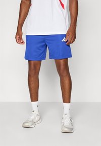 Blauwe sportshorts met een gestructureerd ontwerp en een Adidas-logo aan de linkerkant. Gecombineerd met witte schoenen en sokken en een wit T-shirt.