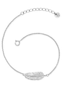 Sidabrinė apyrankė su išsamiu plunksnos pakabuku, plona grandinėle ir reguliuojamu užsegimu, pritaikant dydį. Tekstūruotas lapo dizainas papildomam detalumui.