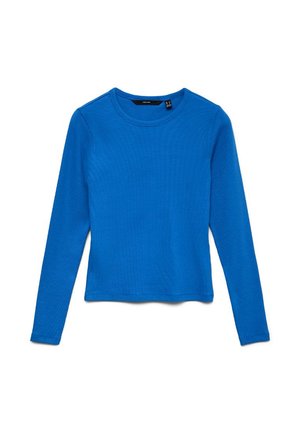 Langärmeliges, hellblaues, geripptes Rundhalsshirt mit tailliertem Schnitt, flach auf weißem Hintergrund dargestellt.