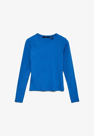 Langärmeliges, hellblaues, geripptes Rundhalsshirt mit tailliertem Schnitt, flach auf weißem Hintergrund dargestellt.