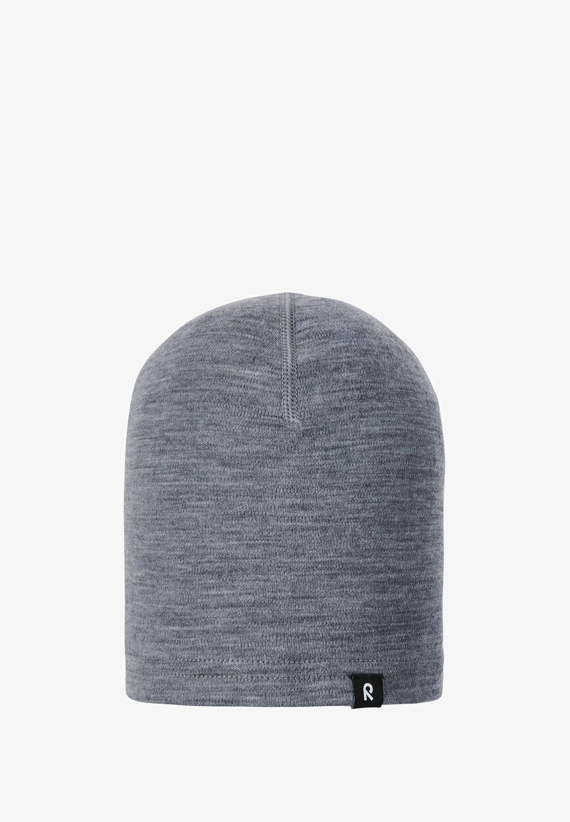 Gray knitted beanie hat made of soft, stretchy material with a rounded shape, featuring a small black label on the brim.