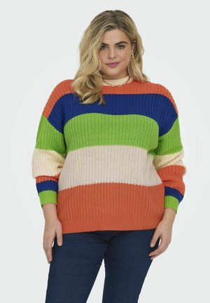 Pletaeni pulover s horizontalnim prugama u narančastoj, plavoj, zelenoj, krem i bež boji; ima opušteni kroj te rebraste manžete i donji rub.