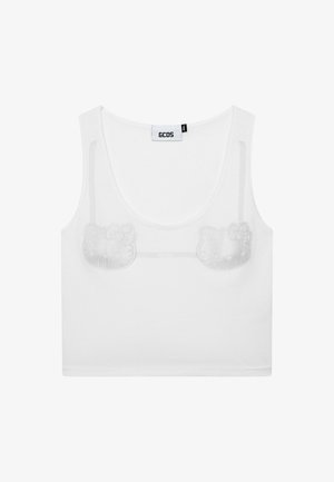 Witte cropped tanktop met een transparante overlay en twee versierde Hello Kitty-gezichtsontwerpen op de borst.