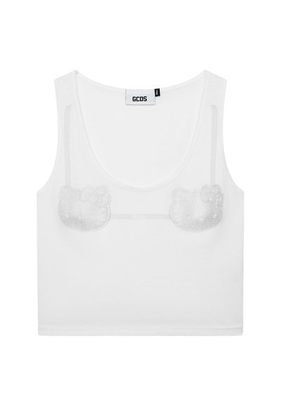 Witte cropped tanktop met een transparante overlay en twee versierde Hello Kitty-gezichtsontwerpen op de borst.