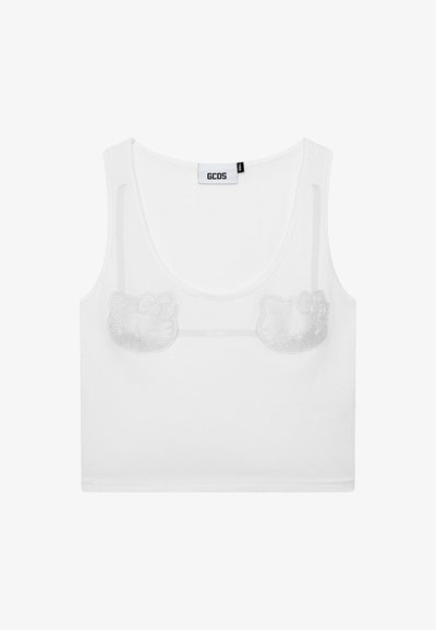 Witte cropped tanktop met een transparante overlay en twee versierde Hello Kitty-gezichtsontwerpen op de borst.