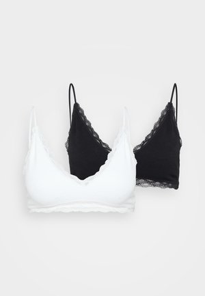 Zwei Bralettes in Schwarz und Weiß, mit Spitzendetails, dreieckiger Form, verstellbaren Trägern und weichem Material.