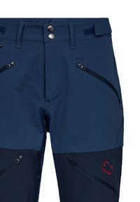 Mørkeblå udendørsbukser med to lynlåslommer, knaplukning, velcro-detaljer og et rødt logo på underbenet.