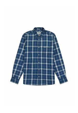 Camisa de manga larga a cuadros azules con cuello abotonado, bolsillo en el pecho y cierres de botón. Confeccionada en una tela de textura suave.