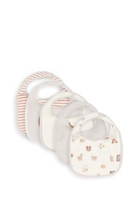 Set van vijf baby-slabbetjes van zachte katoen, met beige en witte kleuren, inclusief strepen en dierenpatronen, ontworpen voor gemakkelijk dragen.