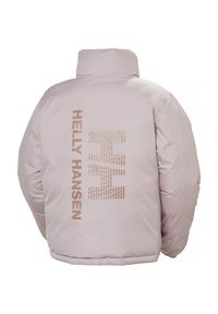 Light pink puffer jacket featuring a high collar, large "Helly Hansen" logo, and textured accents on the back. Smooth, padded material.