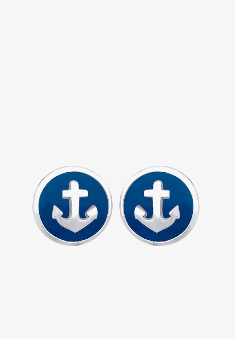 Sølvfarvede runde øreringe har en blå emaljebaggrund med et hvidt ankerdesign i midten, glat overflade med kontrastfarver.
