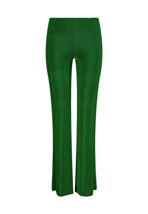Grüne Schlaghose aus einem glänzenden, dehnbaren Stoff. Das Design verfügt über einen taillierten Bund und eine glatte Textur. 
