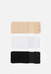 Set of three bra extenders in beige, white, and black. Each has a soft fabric texture with multiple hook-and-eye closures in varying widths.