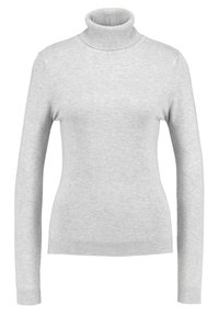 Jasnoszary sweter z golfem, wykonany z miękkiej dzianiny. Posiada długie rękawy oraz prążkowane akcenty przy kołnierzu i dolnym brzegu. Prosty design.