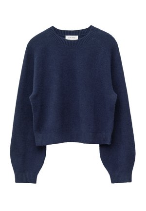Navy blue cropped sweater with long, balloon sleeves, ribbed neckline and hem, made from soft textured fabric. No visible patterns or hardware.