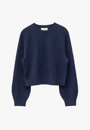 Navy blue cropped sweater with long, balloon sleeves, ribbed neckline and hem, made from soft textured fabric. No visible patterns or hardware.